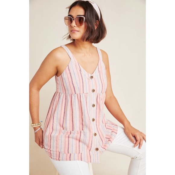 Anthropologie Tops - Anthroplogie Maeve Top Size 10 Willow Babydoll Tank Linen Pink Striped Button
